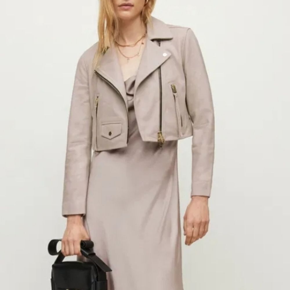 All Saints Pale Pink Cream Leather Chic Edgy Feminine Cropped Elora Biker Size 6 - Picture 13 of 13